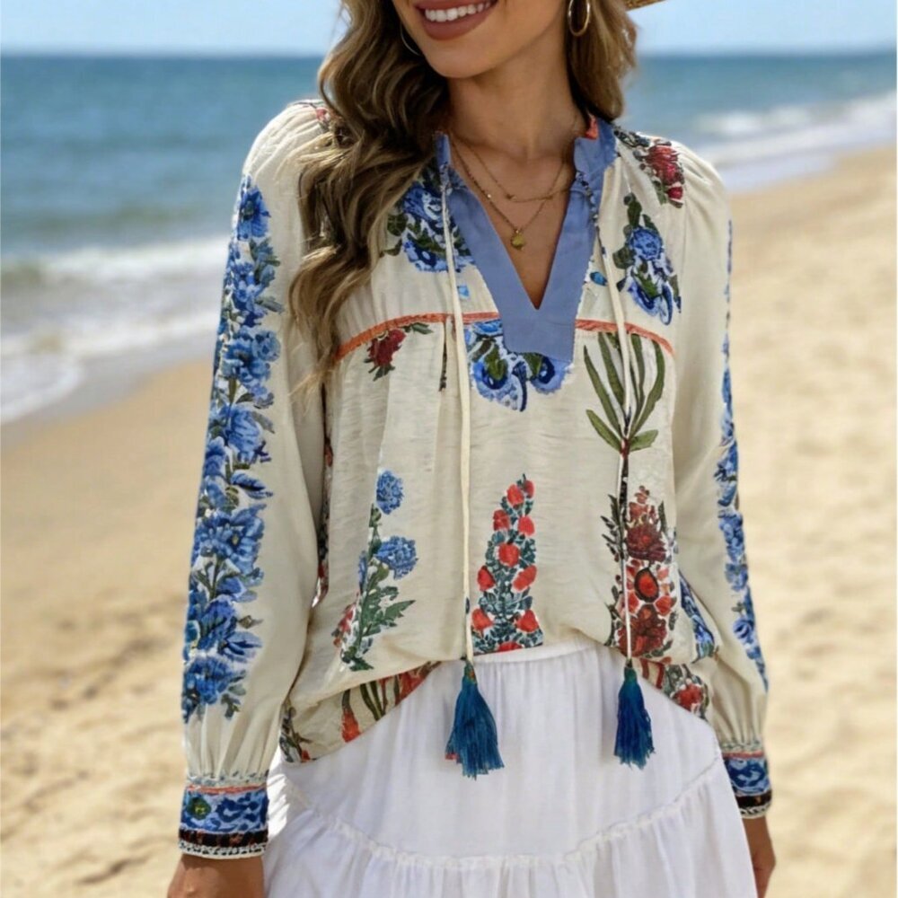 Apricot Vintage Boho Women's Floral V-Neck Tassel Long Sleeve Blouse - Picture 2 of 5